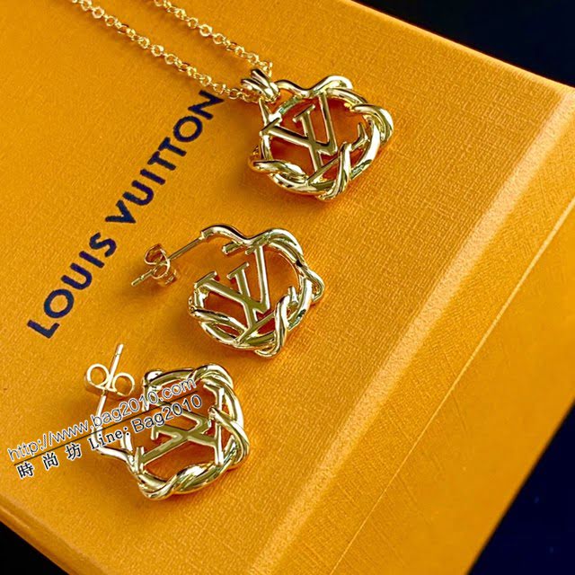 Louis Vuitton新款飾品 路易威登vintage線條纏繞耳環鎖骨鏈套裝 LV光面無痕系列項鏈耳釘套裝  zglv2220